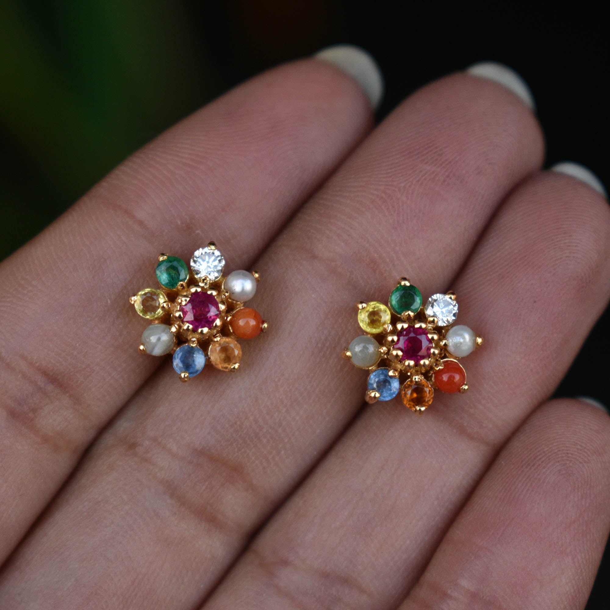 Buy Navratna Stones & 22K Yellow Gold Stud Earrings Online in India